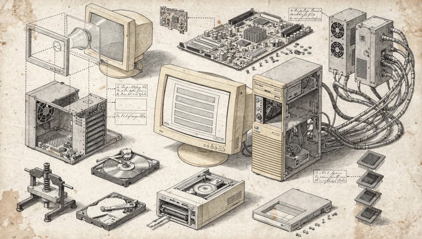 Pencil-drawn exploded view of a 1990s personal computer, its monitor, drives and boards laid out like a technical plate
