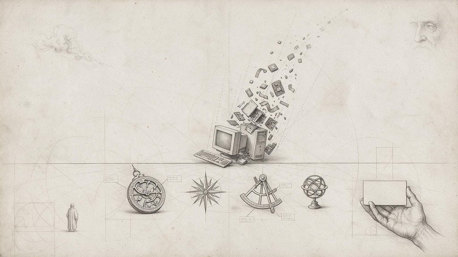 Sketch of navigational instruments and a computer coming apart along a horizon line